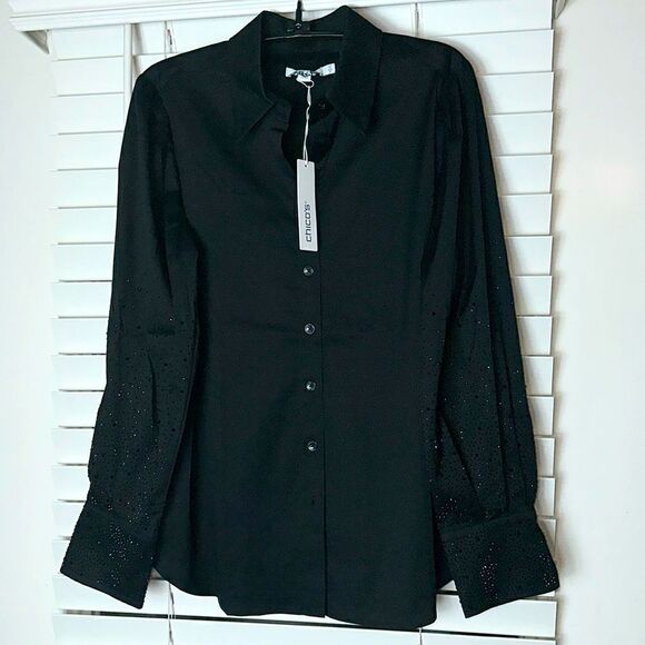 Chico’s Poplin and embellished long sleeve top - Picture 2 of 14